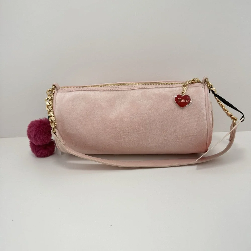 Juicy Couture Pink Embroidered Satchel Top Handle Zip Bag w/Charms, Strap